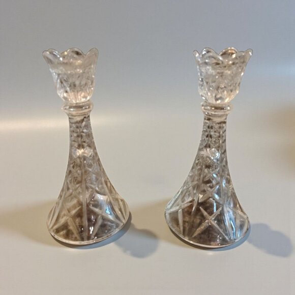 Crystal Tulip Candle Stick Holders 8" Elegant Clear Glass Decorative Pair - Picture 3 of 6